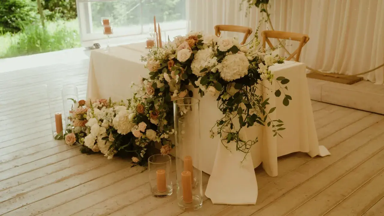 Elegancki stół pary młodej ozdobiony bujną wiązanką kwiatów i świecami.