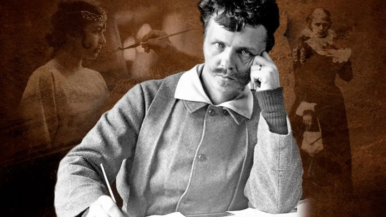 August Strindberg sitter vid ett bord och skriver, med spöklika figurer av kvinnor som svävar i bakgrunden, en påminnelse om hans verk.