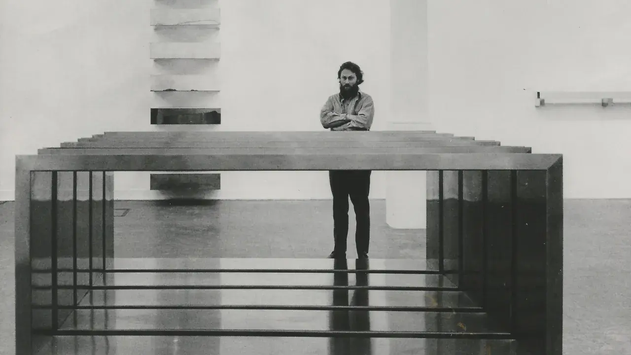A man stands with arms crossed, contemplating a minimalist installation of Donald Judd art, featuring stacked shelves and a long, rectangular sculpture.