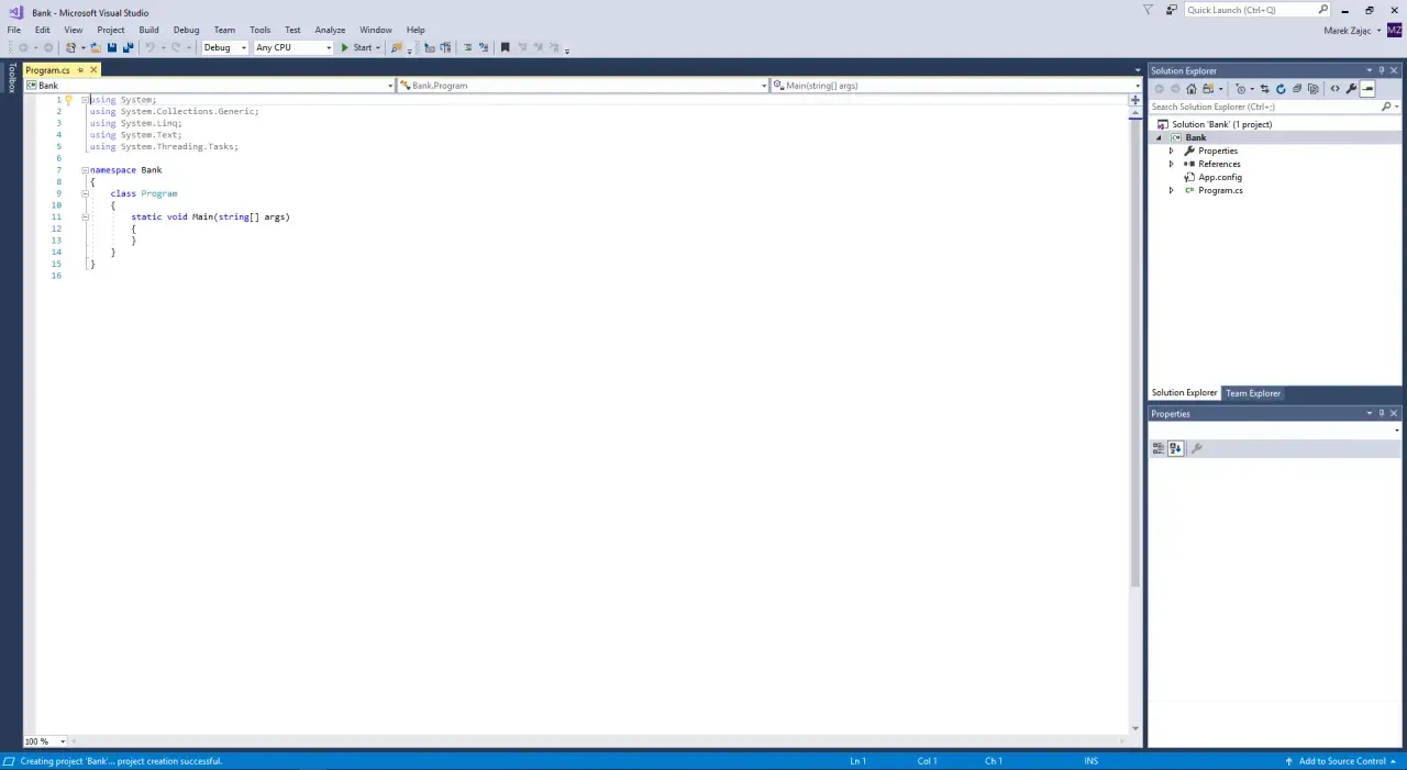 Kod C# w Visual Studio, tworzenie projektu "Bank". Widoczny jest plik Program.cs z pustą metodą Main, gotowy na implementację logiki, np. c# event handler.