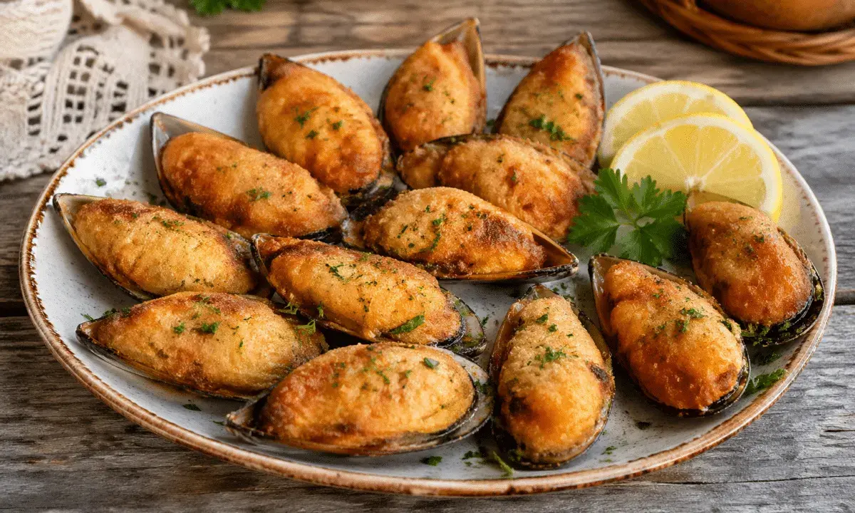 Mejillones tigre gallegos gratinados, listos para disfrutar. Una deliciosa receta gallega.