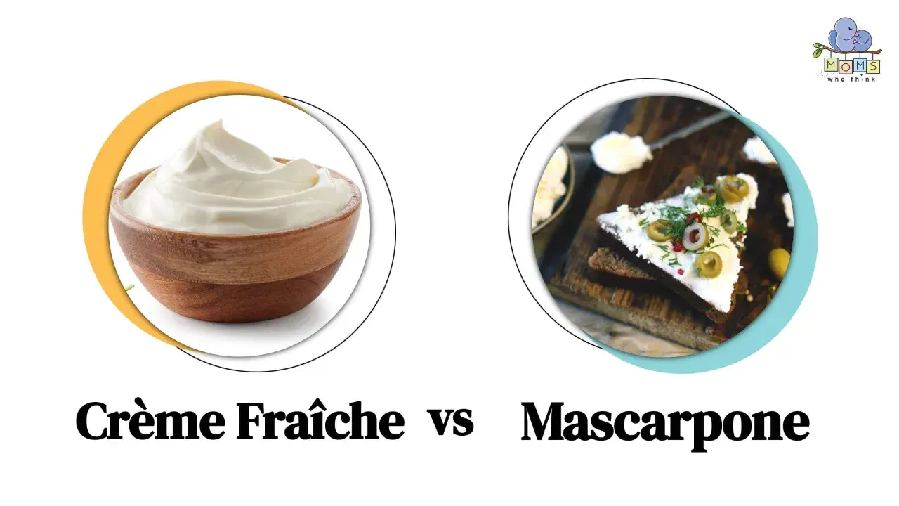 Crème fraîche on the left, mascarpone on a slice of bread with olives on the right.