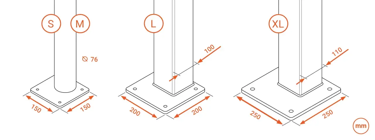 Diagrama muestra pilares S, M, L, XL con dimensiones de base y altura. La distancia entre pilares varía según el tamaño.
