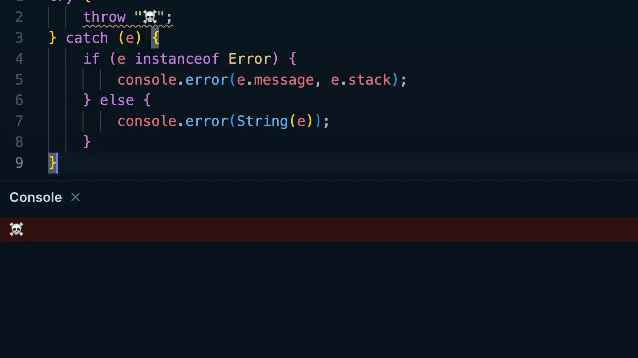 Kod JavaScript z blokiem `try...catch`. `if (e instanceof Error)` sprawdza typ błędu.