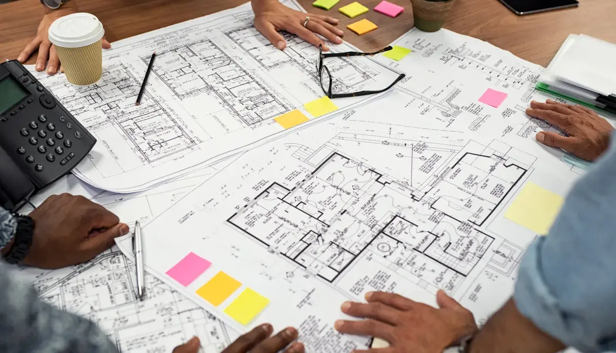 Des mains examinent un plan d'une maison, avec des post-it colorés et un téléphone sur la table.