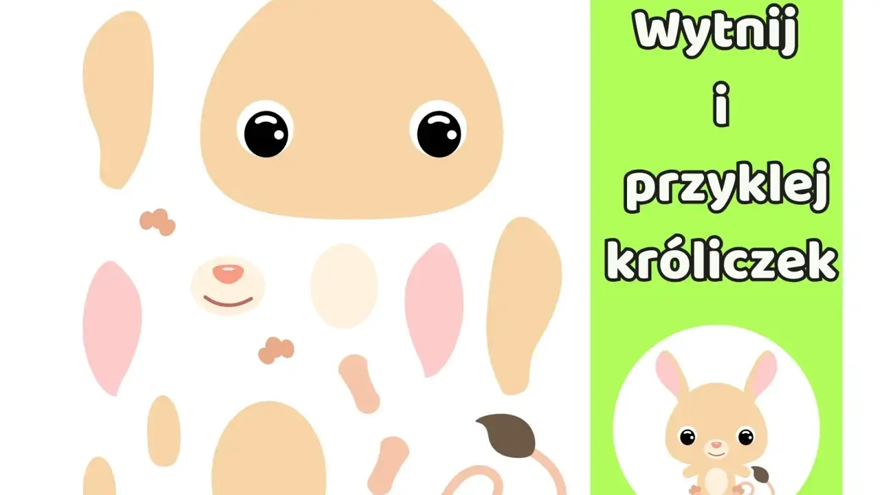 Proste wycinanki dla dzieci do druku: elementy do złożenia uroczego króliczka.