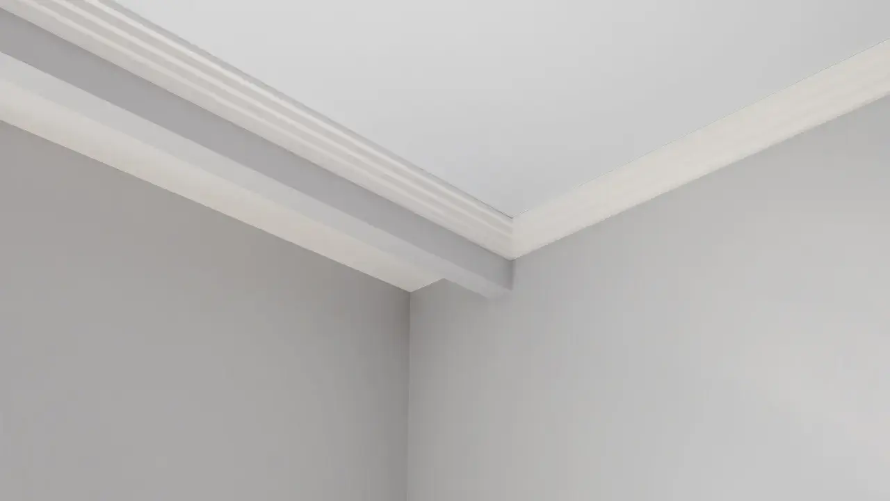 Angolo di una stanza con pareti grigie e soffitto bianco. Si nota uno stacco tra parete e soffitto con una modanatura decorativa.