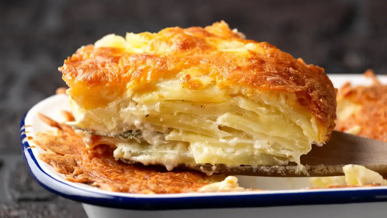 Une part généreuse de gratin de pomme de terre, avec sa croûte dorée et ses couches crémeuses, est soulevée par une spatule en bois.