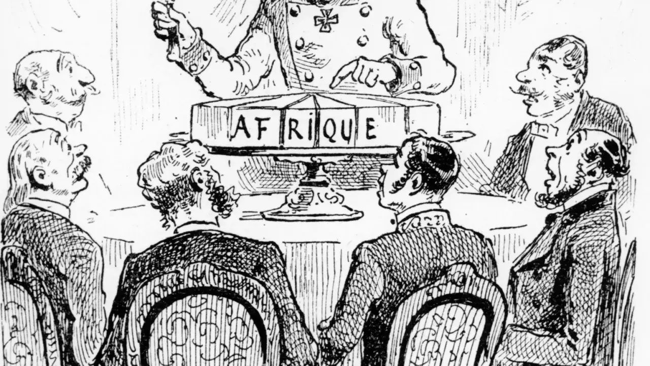 Bismarck teilt Afrika auf. Männer diskutieren die Bismarcksche Kolonialpolitik.