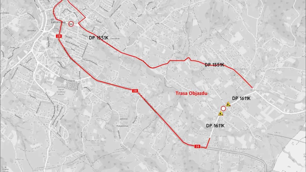 Mapa drogowa z zaznaczoną trasą objazdu wokół Limanowej, pokazująca drogi DP 1551K i DP 1611K.