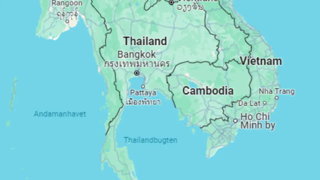 Karta över Sydostasien med Thailand, Bangkok och Pattaya. Här kan du se vilket språk man pratar i Thailand.