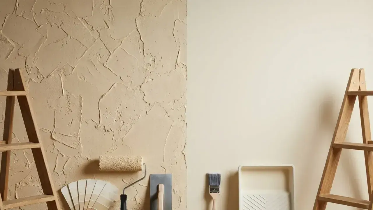 Un mur texturé et un mur lisse, avec des échelles en bois, des outils de peinture et un nuancier. Idéal pour une peinture à effet pour mur abîmé.