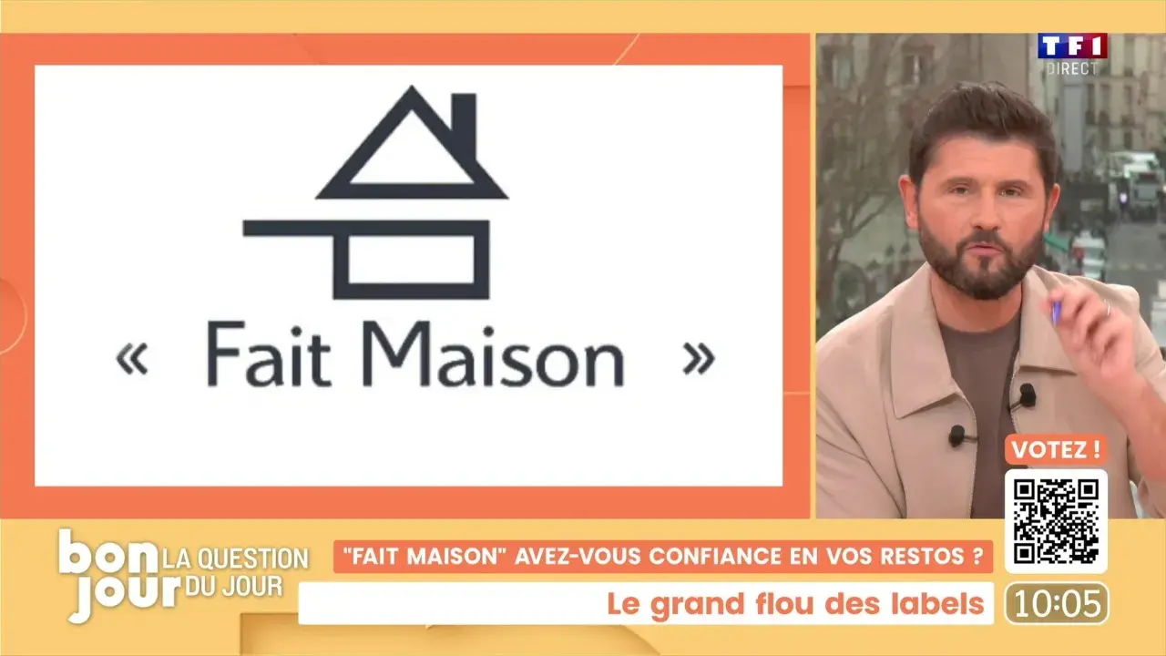 Logo "Fait Maison" sur un fond blanc, avec un homme à droite. Le débat porte sur la cuisine faite maison et la confiance dans les restaurants.