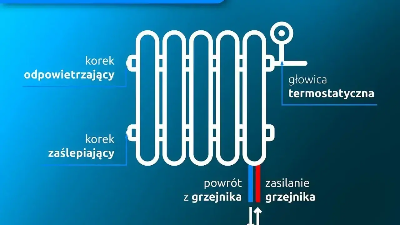 Schemat podłączenia dolnego grzejnika z prawej strony: korek odpowietrzający, zaślepiający, głowica termostatyczna, powrót i zasilanie.