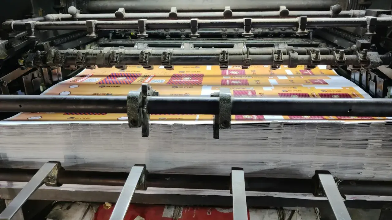 Wielka maszyna drukarska, wykorzystująca technikę druku płaskiego, przetwarza stos papieru. Na taśmie widać powtarzający się wzór z logo.