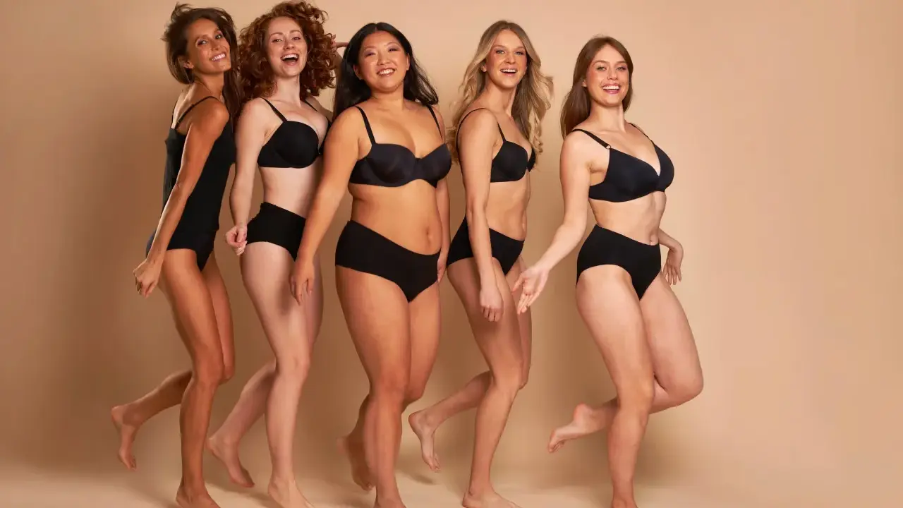 Cinque donne diverse, con taglia nona di seno e forme varie, camminano sorridenti in lingerie nera.