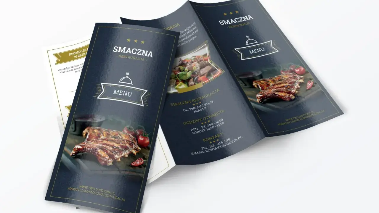 Ulotka składana na 3 szablon restauracji "Smaczna" z apetycznymi zdjęciami żeberek i dania mięsnego.