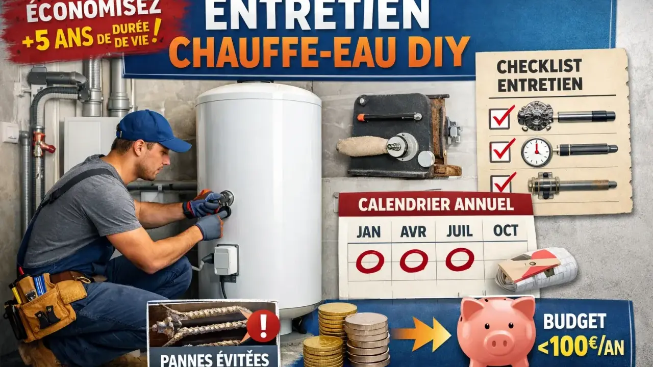 Un technicien effectue l'entretien d'un chauffe-eau. Un calendrier et une liste de contrôle suggèrent un entretien régulier pour éviter les pannes et économiser.