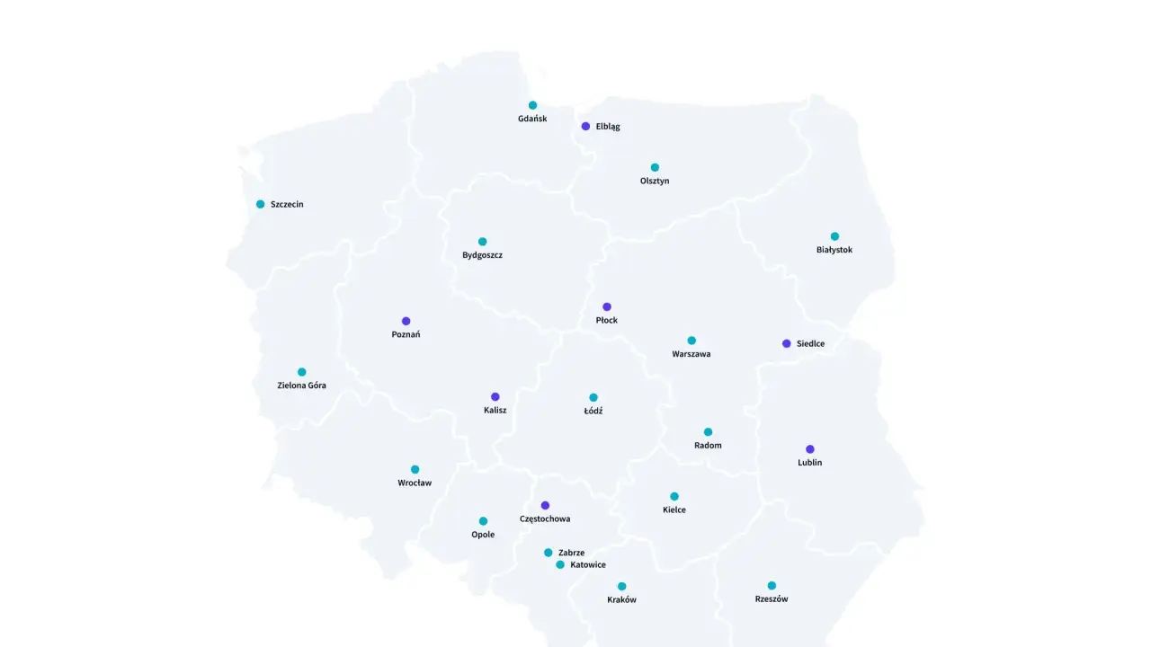 Mapa Polski z zaznaczonymi miastami, gdzie uczelnie medyczne w Polsce prowadzą studia lub otrzymały pozwolenie.