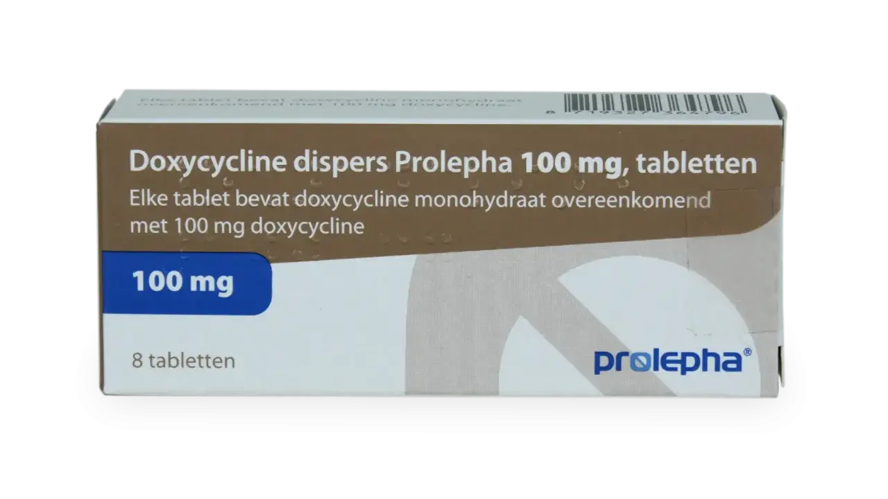 En förpackning med Doxycycline dispers Prolepha 100 mg tabletter. Läs bipacksedeln noga för information om doxycyklin biverkningar.