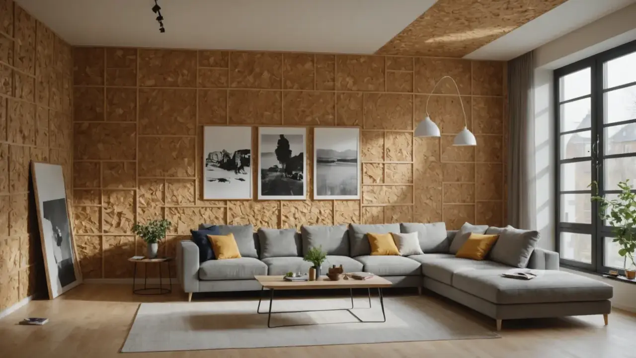 Salon moderne avec murs et plafond recouverts de **pièces en OSB**. Un canapé gris confortable, une table basse en bois et des tableaux noirs et blancs complètent l'espace.