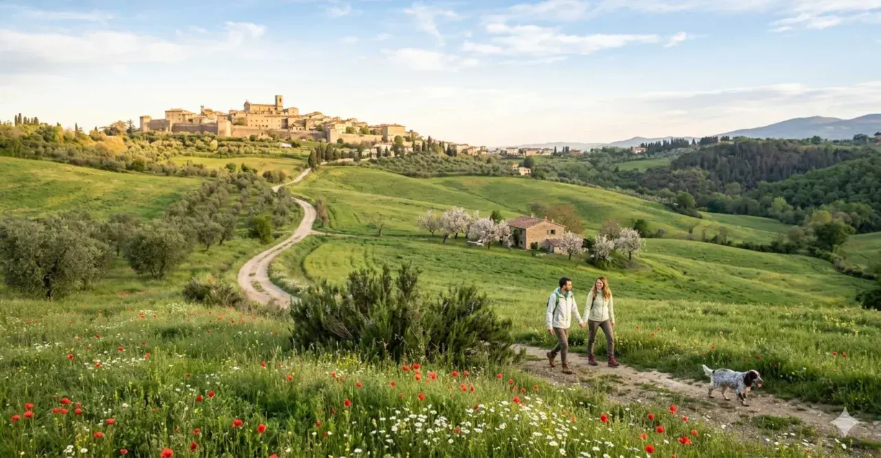 Coppia passeggia con cane tra fiori e ulivi, con un borgo medievale sullo sfondo, tipico dei borghi vicino Arezzo.