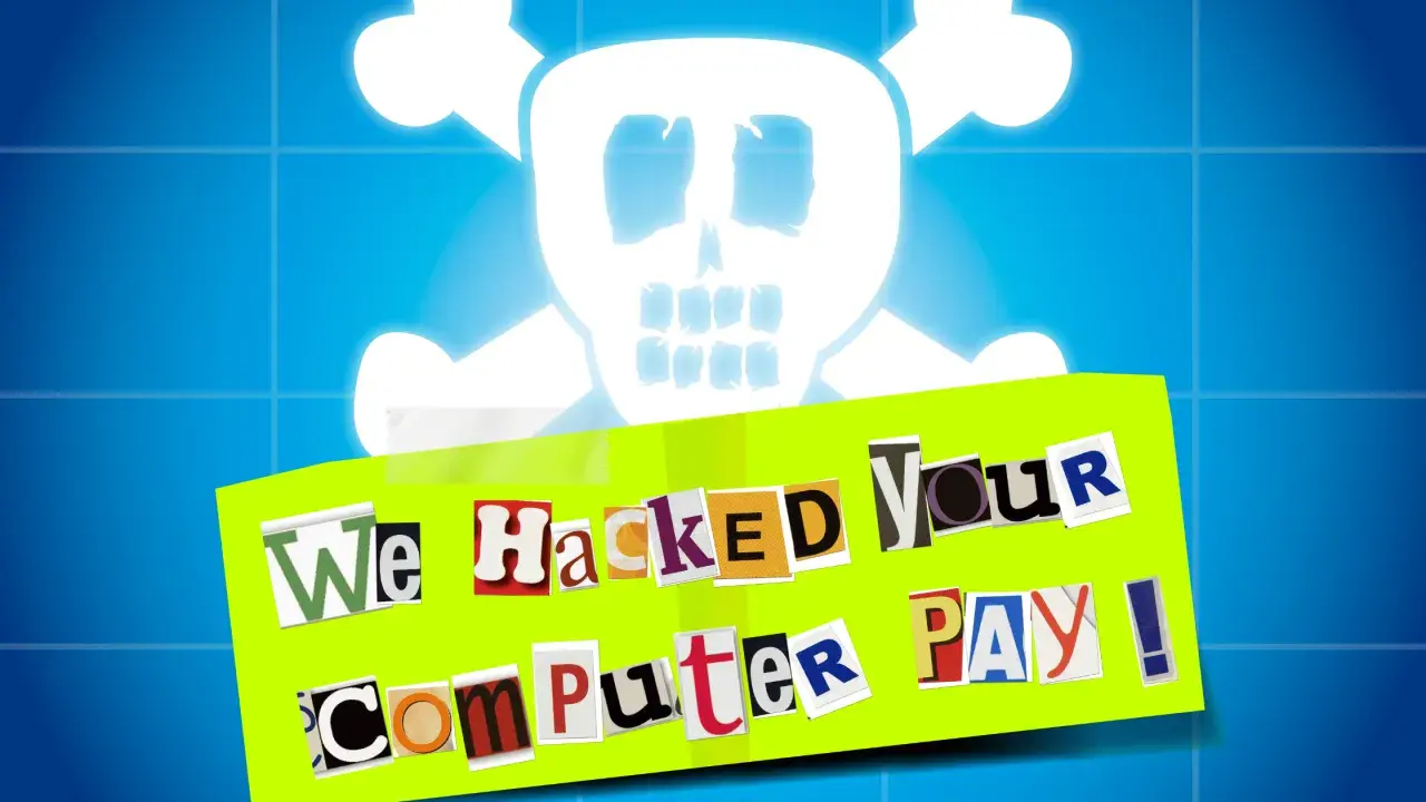 Bedrohlicher Totenkopf über einer Nachricht: "We Hacked Your Computer PAY!". Ein klares Zeichen für Ransomware auf Deutsch.
