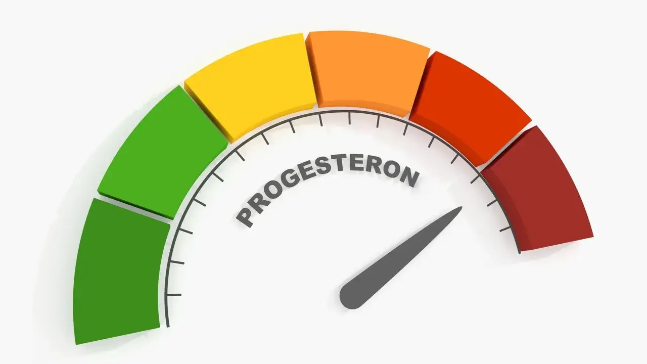 Wskaźnik poziomu progesteronu, z kolorowymi segmentami od zielonego do czerwonego.