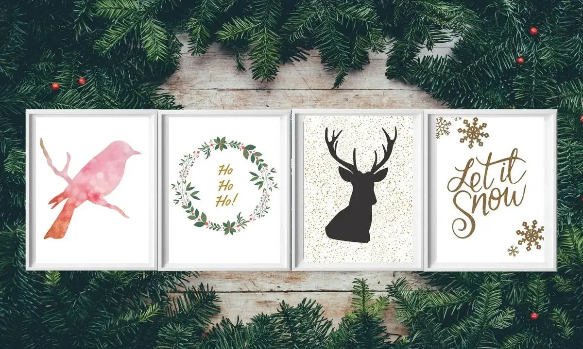 Cztery grafiki świąteczne: różowy ptak, wianek z napisem "Ho Ho Ho!", sylwetka jelenia i napis "Let it Snow" ozdobione płatkami śniegu.