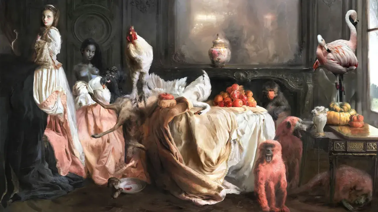 Guillermo Lorca malt eine surreale Szene mit Frauen, Affen, einem Hahn, einem Flamingo und einem toten Reh.