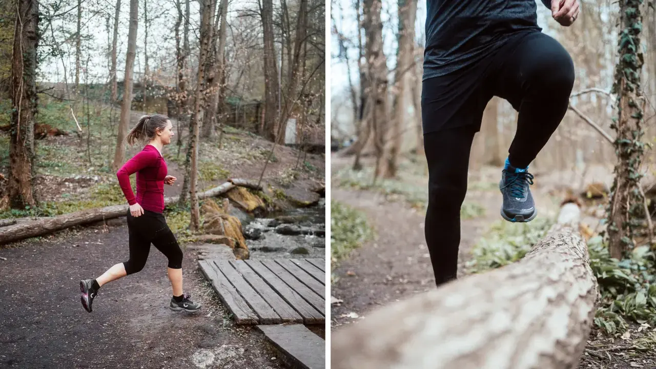 Frau und Mann joggen im Wald. Sie sind wetterfest gekleidet, um bei Regen joggen zu können.