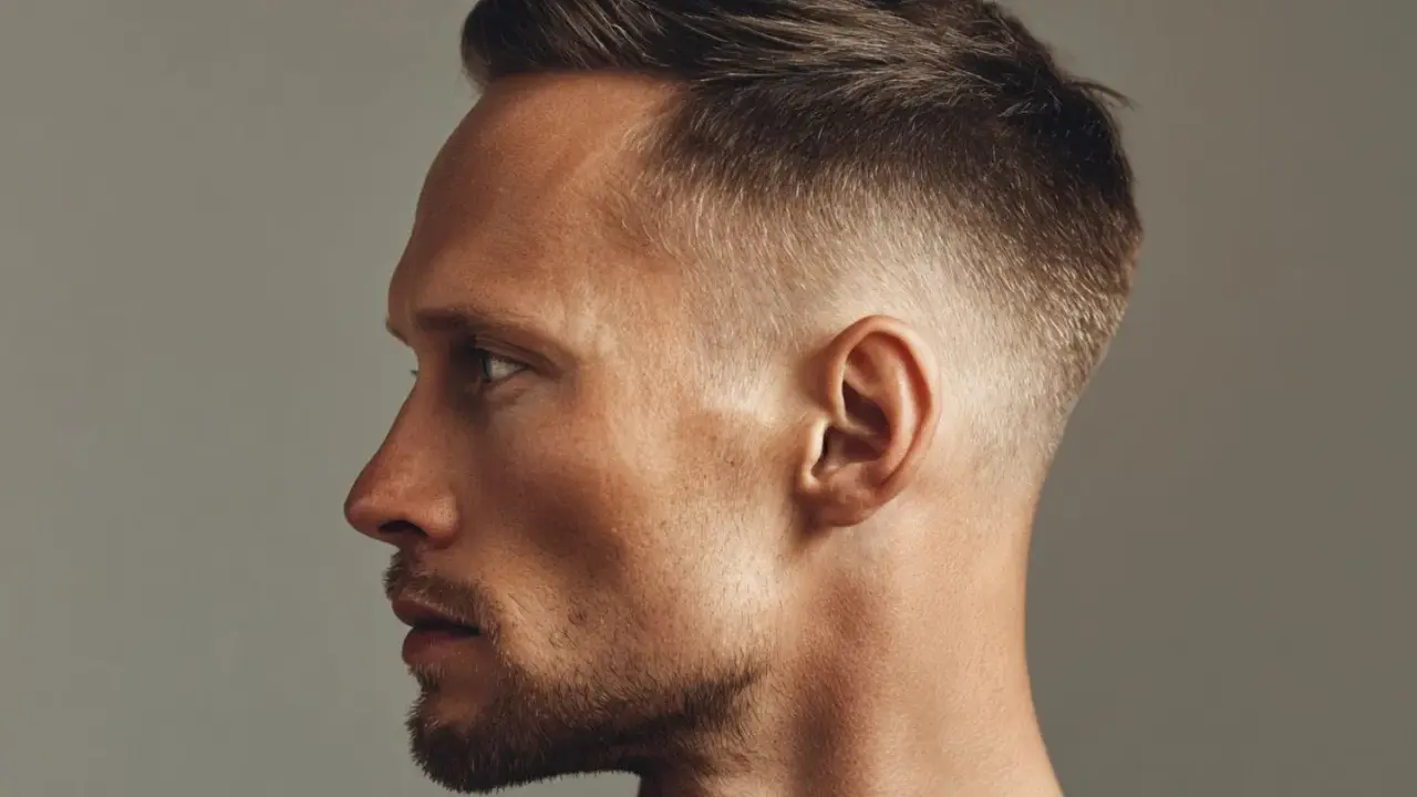 Mann mit kurz geschnittenem Haar, das mit Pomade für dünnes Haar gestylt ist, um Volumen zu schaffen.