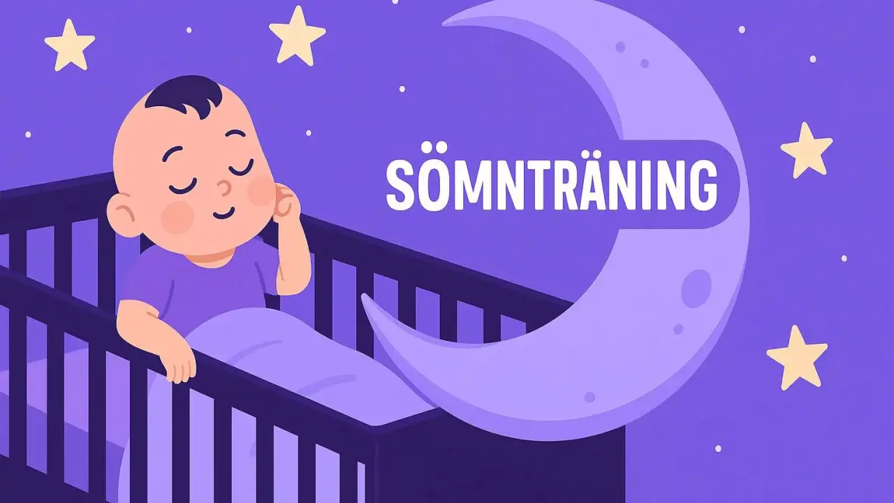 Söt sovrutin bebis i spjälsäng under en måne med texten "Sömnträning". Stjärnor lyser på natthimlen.