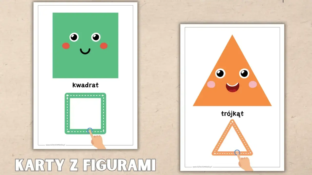 Darmowy szablon wycinanki do druku: karty z kwadratem i trójkątem dla dzieci.