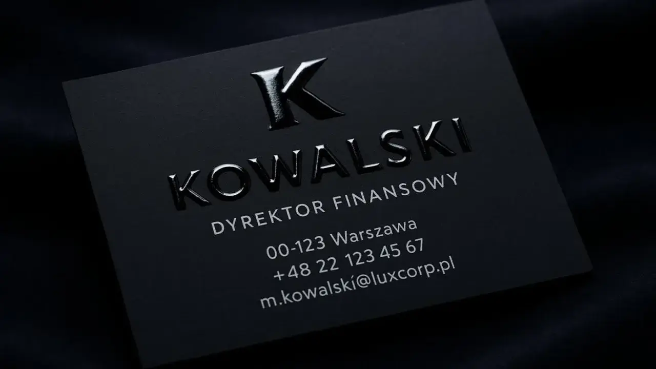 Czarna wizytówka z wypukłym, błyszczącym logo "K" i nazwiskiem "KOWALSKI", wykonana techniką lakier UV 3D.