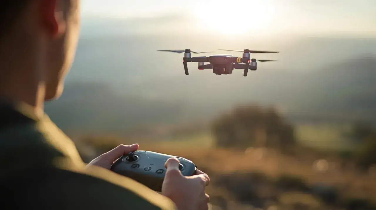 Operator steruje dronem, realizując wideofilmowanie z powietrza. Zachód słońca nad malowniczym krajobrazem.