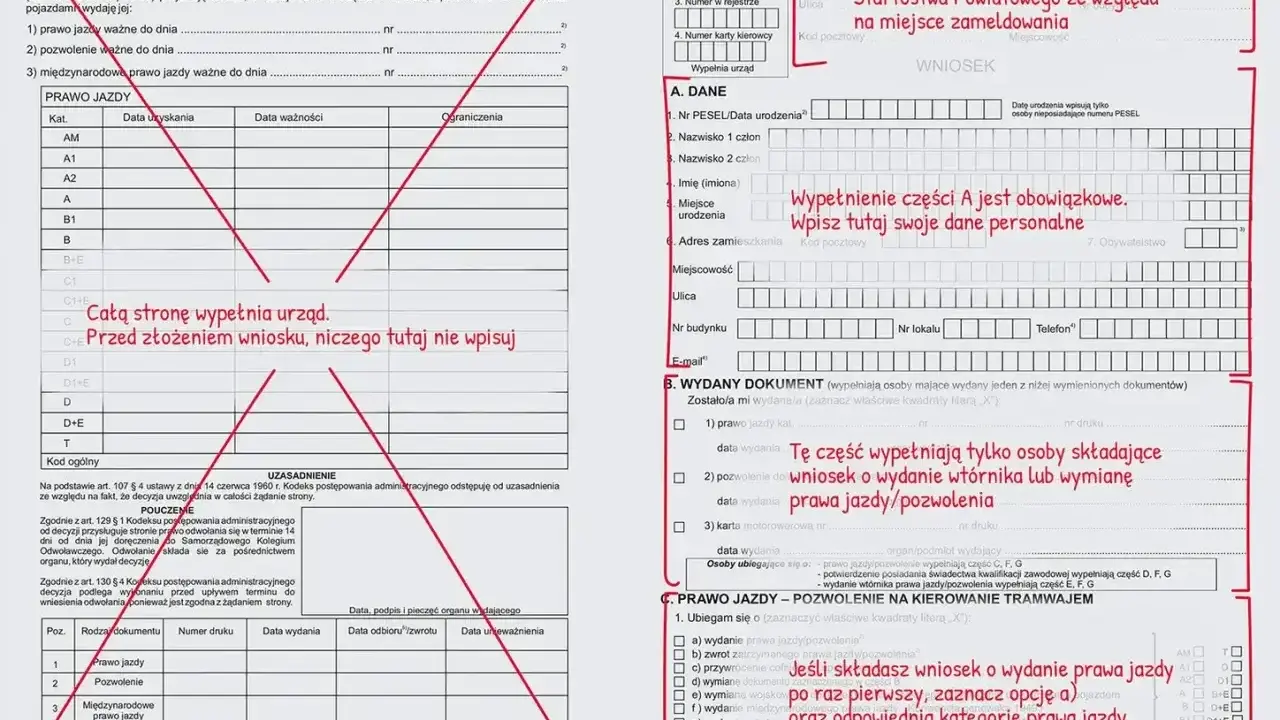 Wniosek o wydanie prawa jazdy. Wypełnij dane osobowe i zaznacz opcję "wydanie prawa jazdy po raz pierwszy".