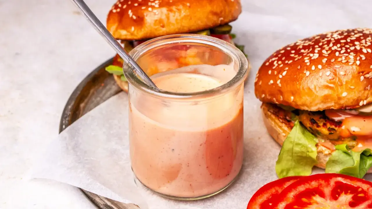 Ein Glas mit cremiger, rosafarbener beste burger sauce steht neben zwei saftigen Burgern. Ein Löffel ragt aus dem Glas.
