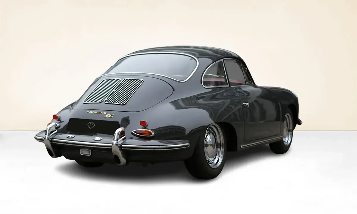 Grauer Porsche 356 SC von hinten. Die Porsche 356 Preisentwicklung zeigt, dass dieser Klassiker ein begehrtes Sammlerstück ist.