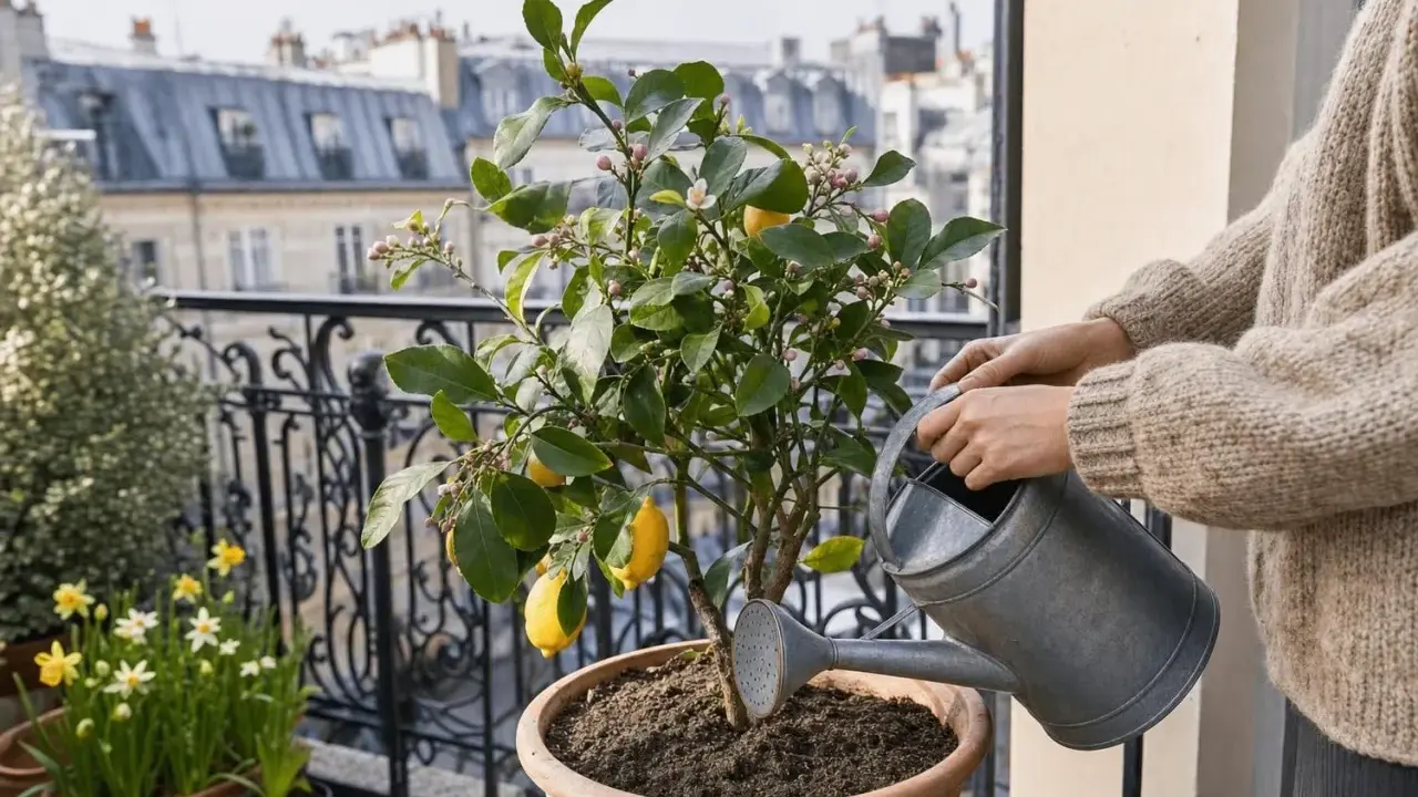 Arrosage d'un citronnier en pot sur un balcon, avec des citrons et des fleurs roses. La personne porte un pull en laine beige.