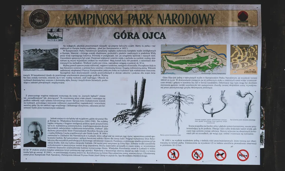 Kampinoski Park Narodowy, Góra Ojca - wydmy śródlądowe, sosny na "kurzych łapkach", historia ks. Korniłowicza.