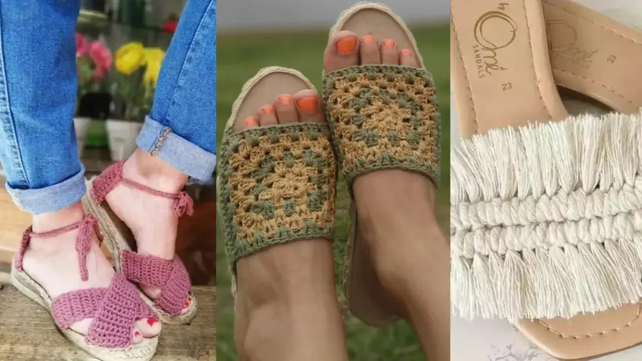 Tres pares de alpargatas de crochet para mujer: rosas con tiras, verdes y beige con diseño de granny square, y blancas con flecos.