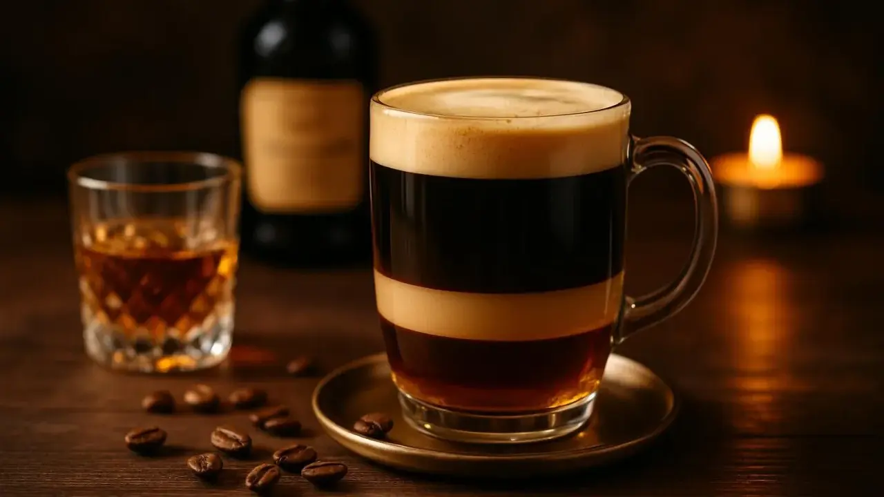 Un delicioso café con licor, con capas de crema y café oscuro, junto a un vaso de whisky y granos de café.