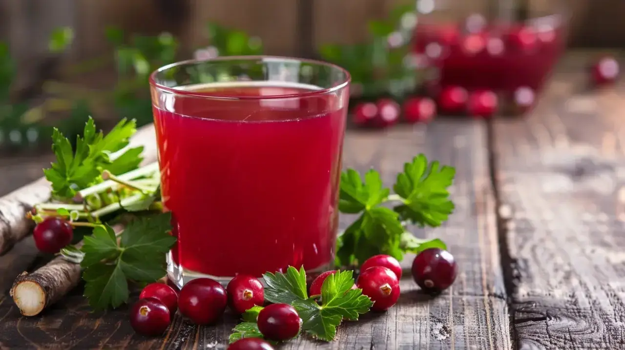 Szklanka soku żurawinowego z żurawiną i korzeniem łopianu. Naturalny sposób, jak wypłukać bakterie z moczu.