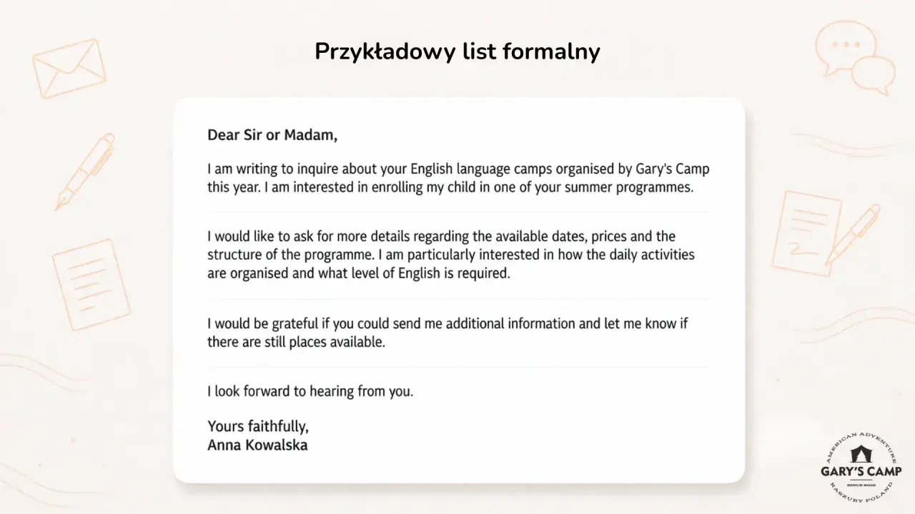 Przykładowy list formalny pokazuje, jak napisać list po angielsku do obozu Gary's Camp, pytając o szczegóły programu.