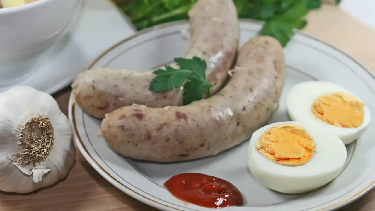 Biała kiełbasa z jajkiem i ketchupem, obok czosnek i natka. Idealne dodatki, jakie przyprawy do białej kiełbasy?