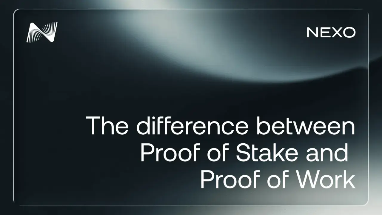 Nexo logo i tekst "The difference between Proof of Stake and Proof of Work".