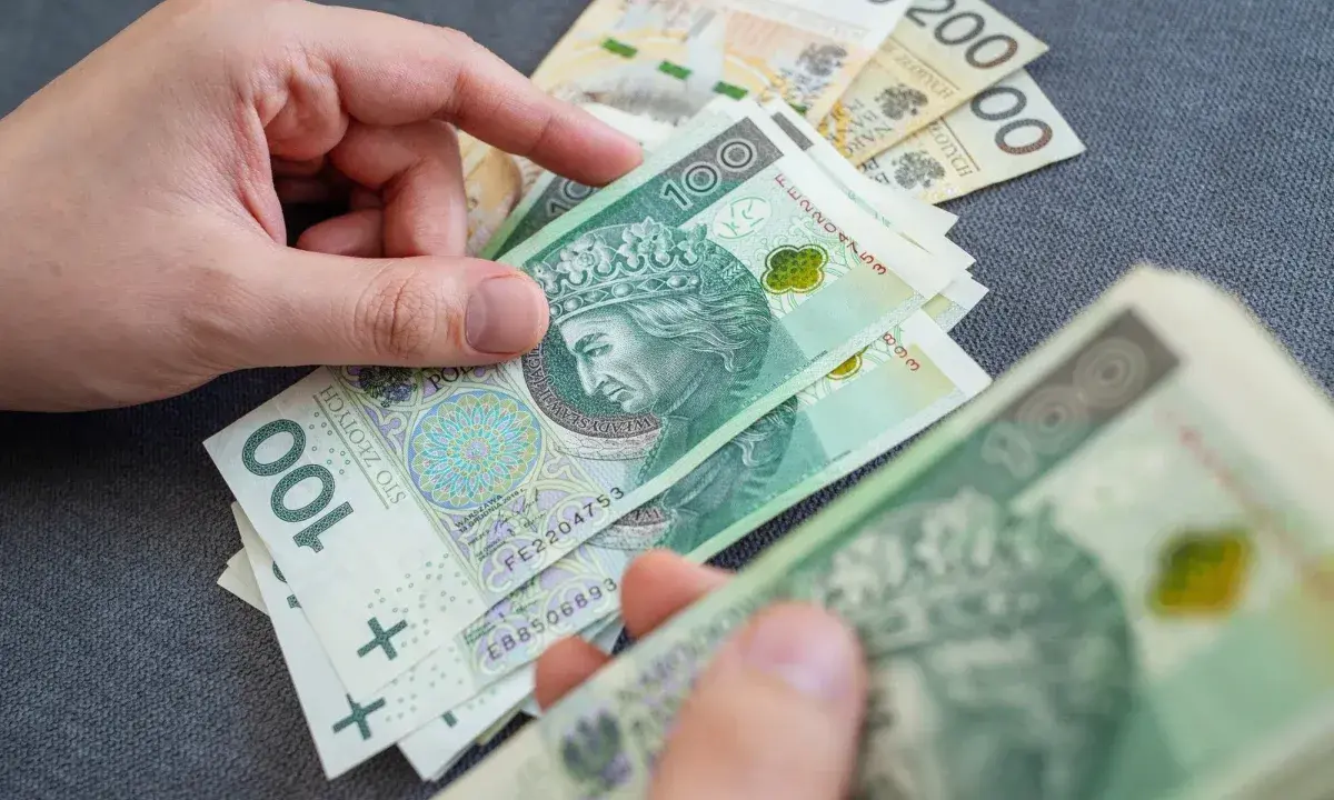 Ręce liczą polskie banknoty 100 zł i 200 zł. Zastanawiasz się, ile wynosi renta rodzinna?