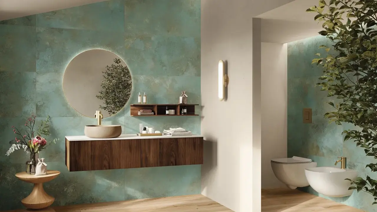 Elegante bagno verde petrolio e legno con lavabo in pietra, specchio rotondo e bidet sospeso.