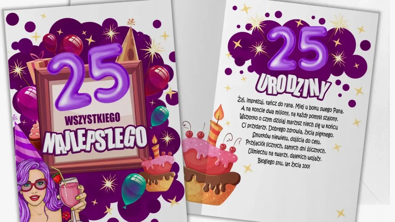Wesołe kartki z życzeniami na 25 urodziny: fioletowe balony, tort i dziewczyna z drinkiem.